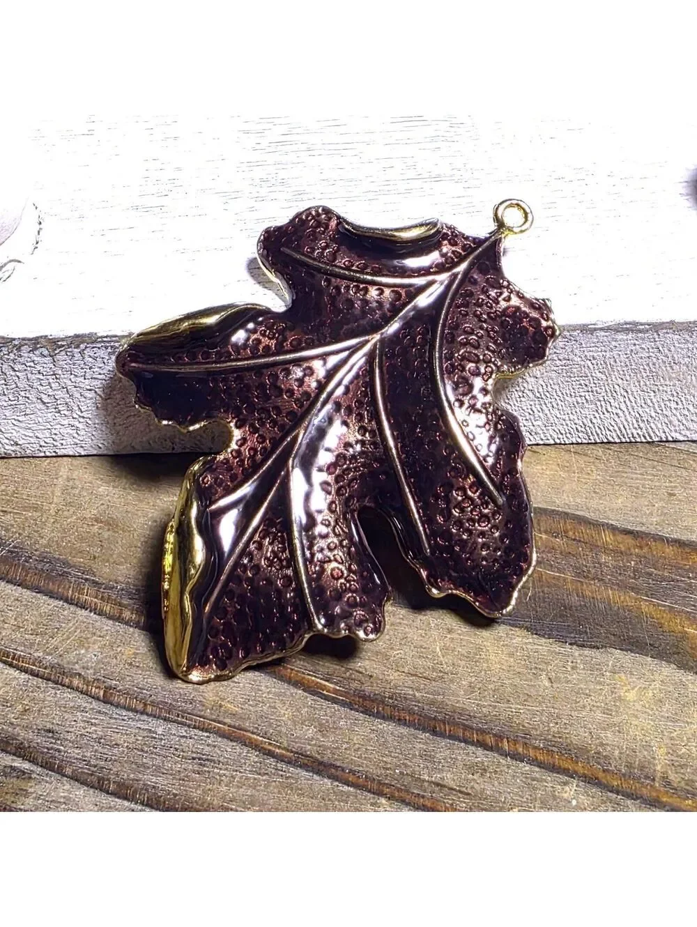 Coppery Brown Enamel on Gold Tone Alloy 3D Textured Large Autumn Leaf Pendant